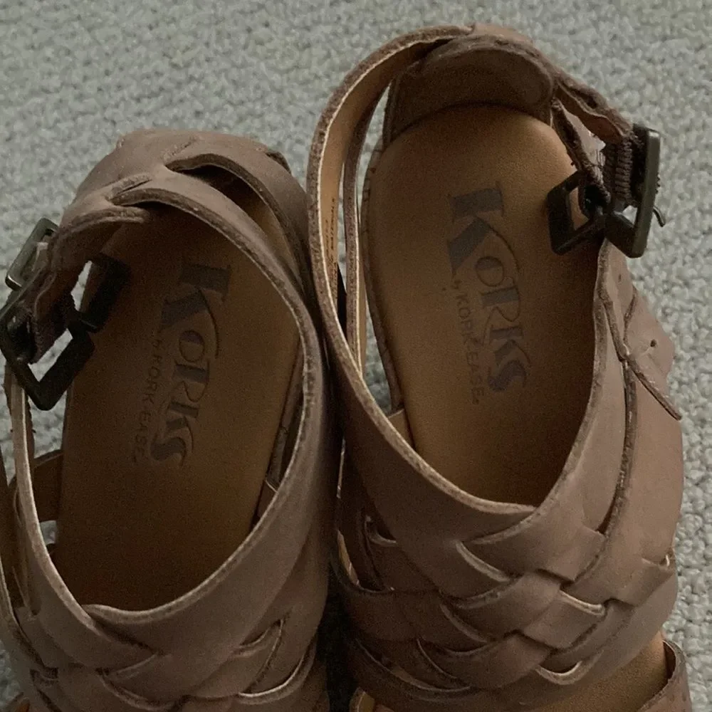 Korks by Kork-Ease Platform Wedges Size 8 Cork Leather Tan Strappy High Heels